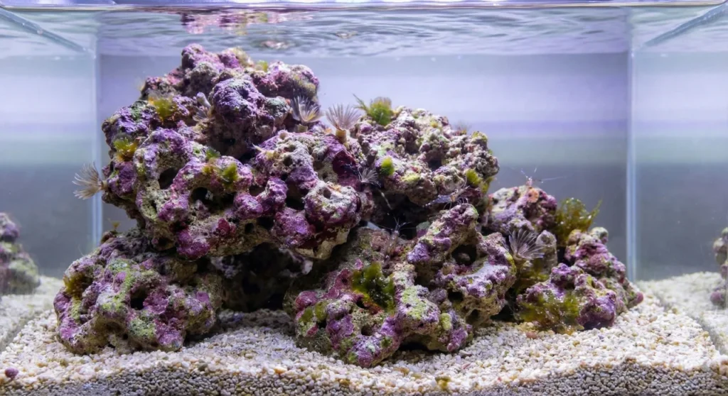 Do I Need Live Rock for a Successful Marine Aquarium? - A Beginner's Guide 2 An image of a saltwater aquarium containing purple live rock and feather duster worms.