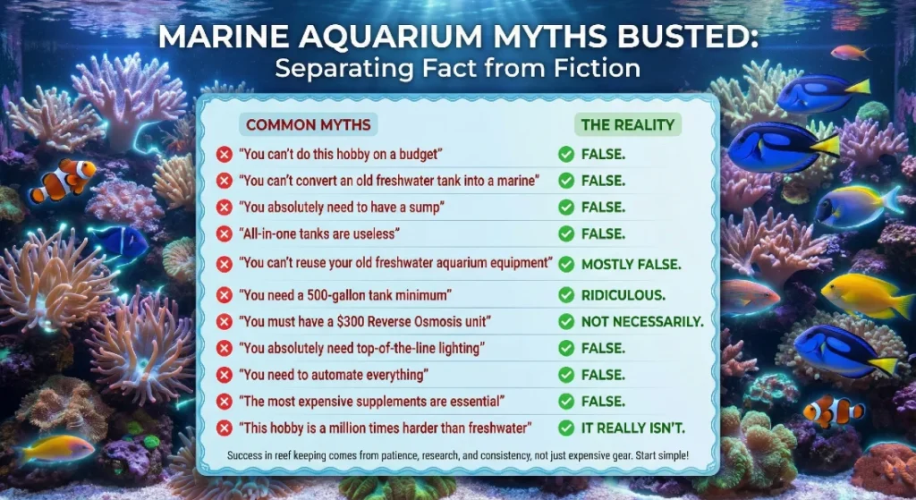 Can You Build a Budget Marine Aquarium? The Truth About Simple Reefs 3 Infographic titled 'Marine Aquarium Myths Busted: Separating Fact from Fiction' set against a vibrant coral reef background. It lists and refutes 11 common misconceptions, confirming that beginners do not need a massive budget, a sump, or expensive automation to start a saltwater tank.
