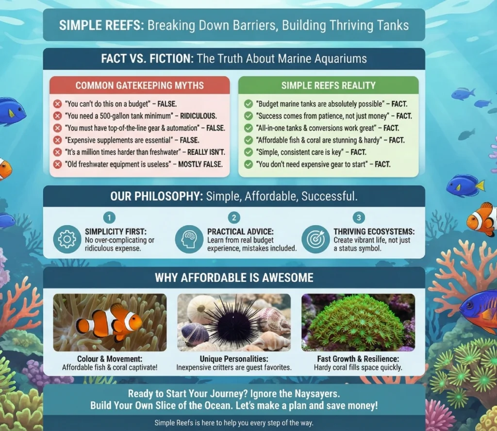Can You Build a Budget Marine Aquarium? The Truth About Simple Reefs 4 Infographic titled 'Simple Reefs: Breaking Down Barriers, Building Thriving Tanks' set against a coral reef background. It features a 'Fact vs. Fiction' table debunking common myths about high costs and gatekeeping in the hobby, contrasting them with the reality that budget marine aquariums are possible. It outlines the site's philosophy of 'Simplicity First,' 'Practical Advice,' and creating 'Thriving Ecosystems.' A final section, 'Why Affordable is Awesome,' uses images of clownfish, an urchin, and green star polyps to show that affordable livestock is vibrant and resilient.