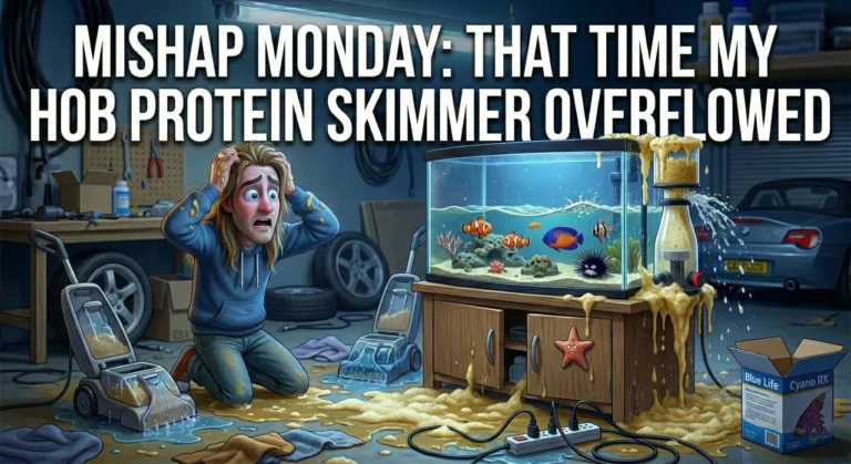 A distraught aquarium owner kneels on a garage floor covered in yellow protein skimmer foam; the foam overflows from a hang-on-back skimmer into a saltwater tank with clownfish and onto a power strip, with wet-dry vacuums and Cyano RX nearby.