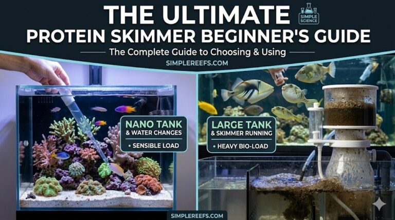 A split-screen cover image titled The Ultimate Protein Skimmer Beginner's Guide. The left side shows a person performing a manual water change on a small nano tank, while the right side displays a large aquarium with messy fish and an actively running protein skimmer handling a heavy bio-load.