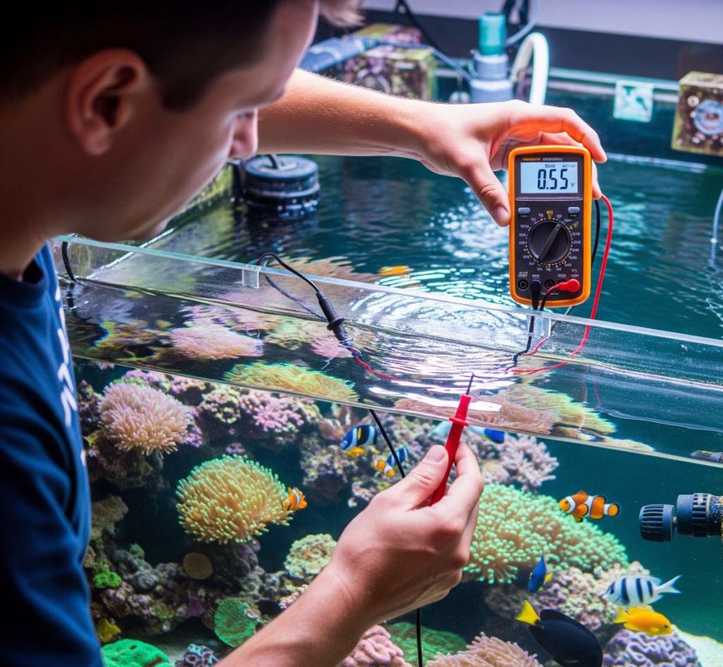 The Main Reasons Why Your Marine Aquarium Heater Might Fail 6 An image depicting a person testing for stray voltage in a marine aquarium.