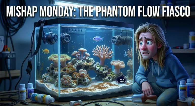 A worried cartoon man stares at a saltwater reef tank with corals and fish, surrounded by test kits and maintenance tools under the heading "Mishap Monday: The Phantom Flow Fiasco."