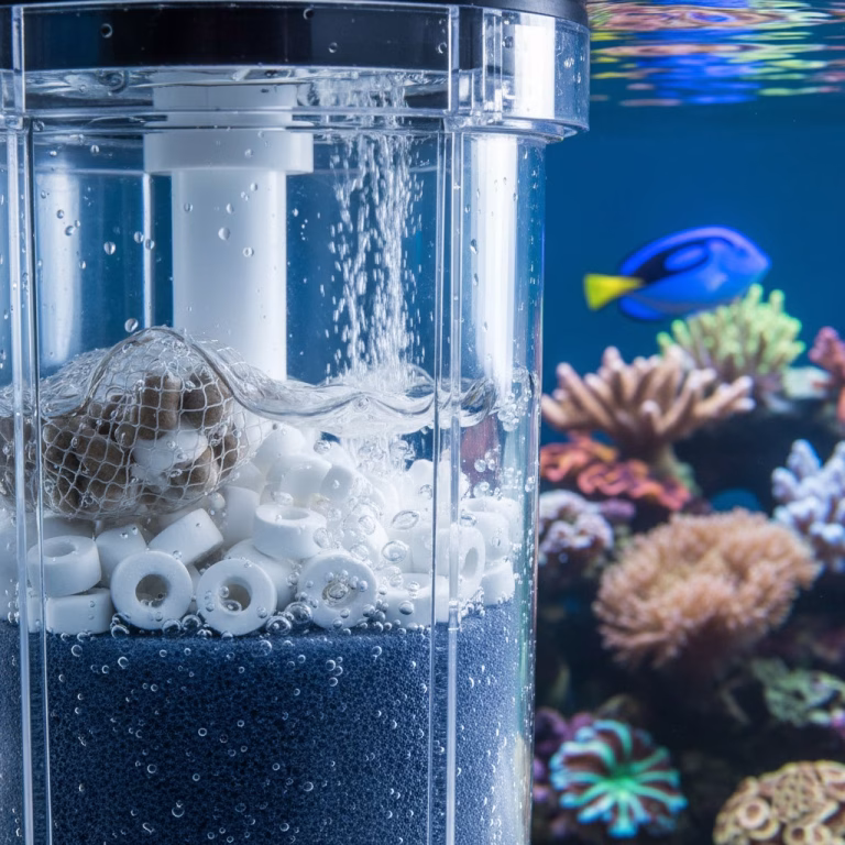 Illustrating the specialised uses for internal filters in a marine aquarium with a clear photo of a reactor and UV steriliser running in a saltwater reef tank with a blue tang, clownfish, and vibrant corals.