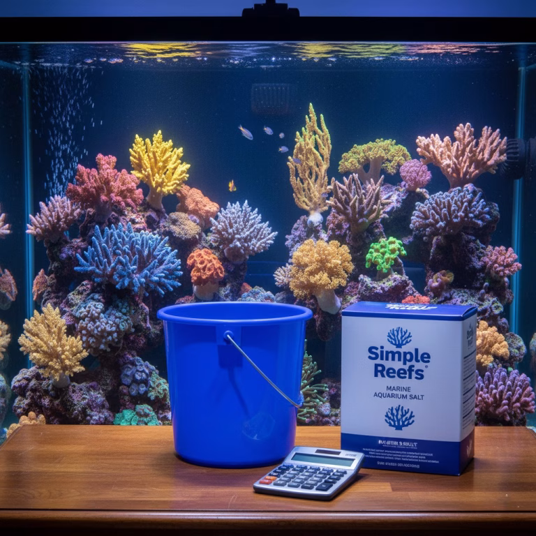 A cover image for an article featuring a Marine Aquarium Water Change Calculator. Image features a vibrant saltwater reef aquarium with a calculator, bucket, and a box of 'Simple Reefs' salt mix on a table in front."
