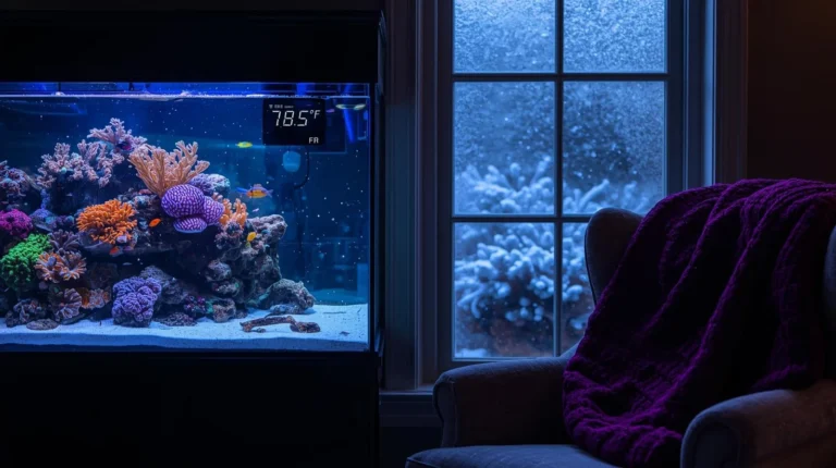 A cozy, inviting, high-resolution photograph capturing a vibrant marine reef aquarium, its inhabitants glowing warmly in a dimly lit, elegant living room. Outside a large, mullioned window adjacent to the tank, soft snowflakes are falling and a delicate layer of frost delicately covers the glass panes, creating a striking visual contrast between the serene, cold outdoors and the lively, colorful coral reef within. A digital thermometer display, clearly visible on the aquarium glass, precisely reads '78.5°F'. A plush, knitted blanket in a deep jewel tone is artfully draped over the arm of a nearby, comfortable armchair, adding to the overall sense of warmth and comfort.