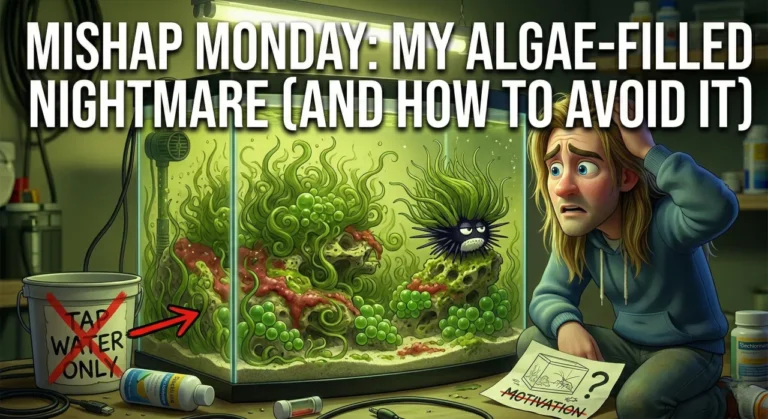 A 3D illustration of a frustrated long-haired hobbyist looking at a marine aquarium overrun with hair algae and red slime, symbolizing "the algae filled nightmare" and the consequences of using tap water.