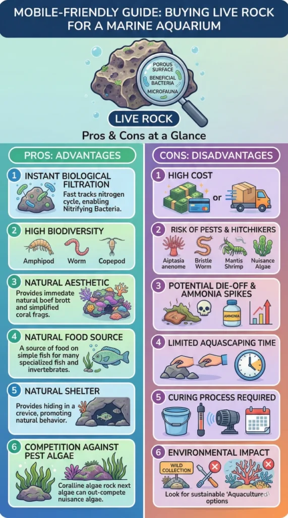 Buying Live Rock: What to Look For, Hitchhikers to Avoid, and When to Cure It 3 Infographic comparing the pros and cons of buying live rock for a marine aquarium. Advantages include instant biological filtration and high biodiversity; disadvantages include high cost and risk of pests like Aiptasia and bristle worms.