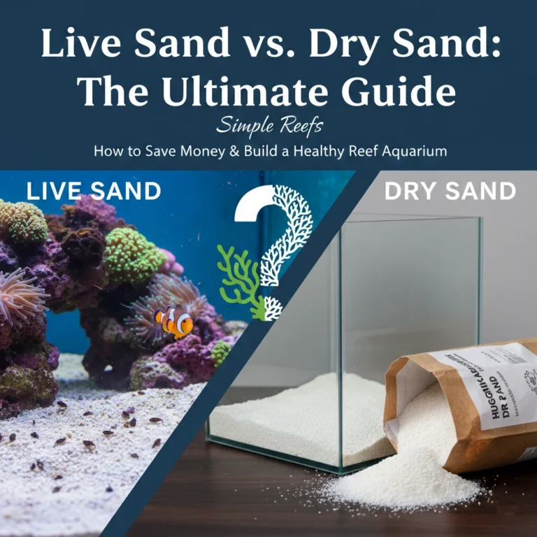 Comparison of live sand vs dry sand for reef aquariums, featuring a vibrant established saltwater tank on the left and a bag of dry sand being poured into an empty glass aquarium on the right.