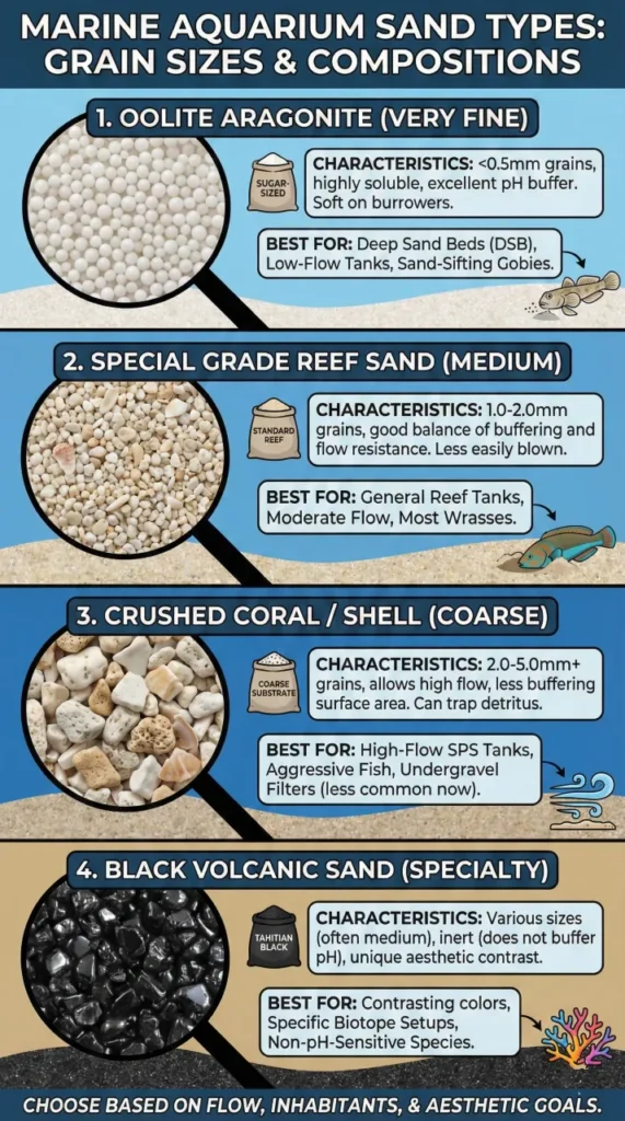 Fiji Pink vs. Oolite: Choosing the Best Marine Aquarium Sand Type 2 Vertical infographic comparing four marine aquarium sand types: Oolite Aragonite (very fine), Special Grade Reef Sand (medium), Crushed Coral (coarse), and Black Volcanic Sand. Each section details grain size, buffering characteristics, and the best aquarium setups for that specific substrate.