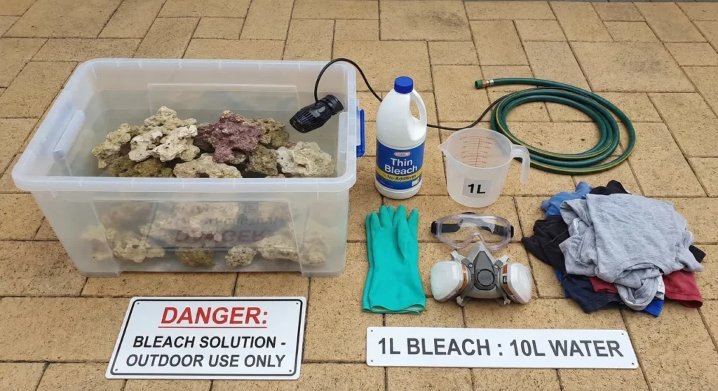 How To Cure Dry Rock: A Step By Step Budget Guide 7 A collection of items laid out on a paved surface for curing dry rock, including a large plastic tub filled with water and rocks with a pump, a bottle of thin bleach, a measuring jug, green rubber gloves, safety goggles, a respirator mask, a garden hose, a pile of old clothes, and two signs reading "DANGER: BLEACH SOLUTION - OUTDOOR USE ONLY" and "1L BLEACH : 10L WATER"