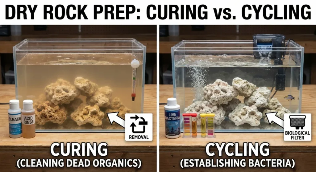 How To Cure Dry Rock: A Step By Step Budget Guide 2 A split image comparison titled "DRY ROCK PREP: CURING vs. CYCLING." The left panel, "CURING (CLEANING DEAD ORGANICS)," shows a tank with cloudy water, rocks, bottles of bleach and acid rinse, a heater, and an arrow pointing to "REMOVAL." The right panel, "CYCLING (ESTABLISHING BACTERIA)," shows a tank with clear water, rocks, a bottle of live bacteria, water test kits, a filter, a small fish, and an arrow pointing to "BIOLOGICAL FILTER."