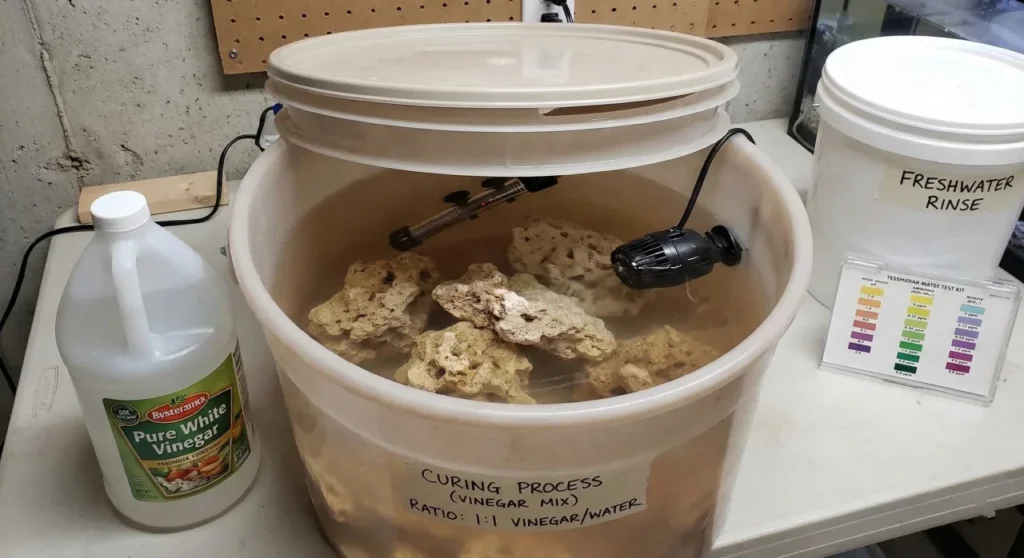 How To Cure Dry Rock: A Step By Step Budget Guide 6 A photo shows a plastic bucket labeled "CURING PROCESS (VINEGAR MIX) RATIO: 1:1 VINEGAR/WATER" containing dry reef rocks, a heater, and a powerhead pump. Next to it are a jug of pure white vinegar, a freshwater rinse bucket, and a water test kit