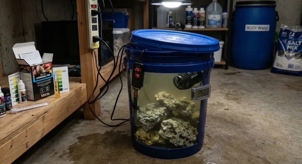 How To Cure Dry Rock: A Step By Step Budget Guide 5 Setting up a dry rock curing station with a heater, wavemaker, and ammonia test kit in a garage workshop.