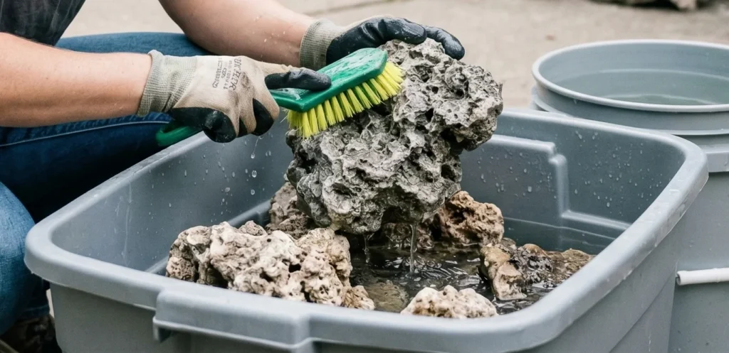 How To Cure Dry Rock: A Step By Step Budget Guide 3 Hobbyist cleaning dry reef rock with a stiff-bristled brush to remove organic debris before the curing process.